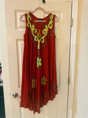 Beaded Burnt Red Maxi Dress with Yellow Embroidery